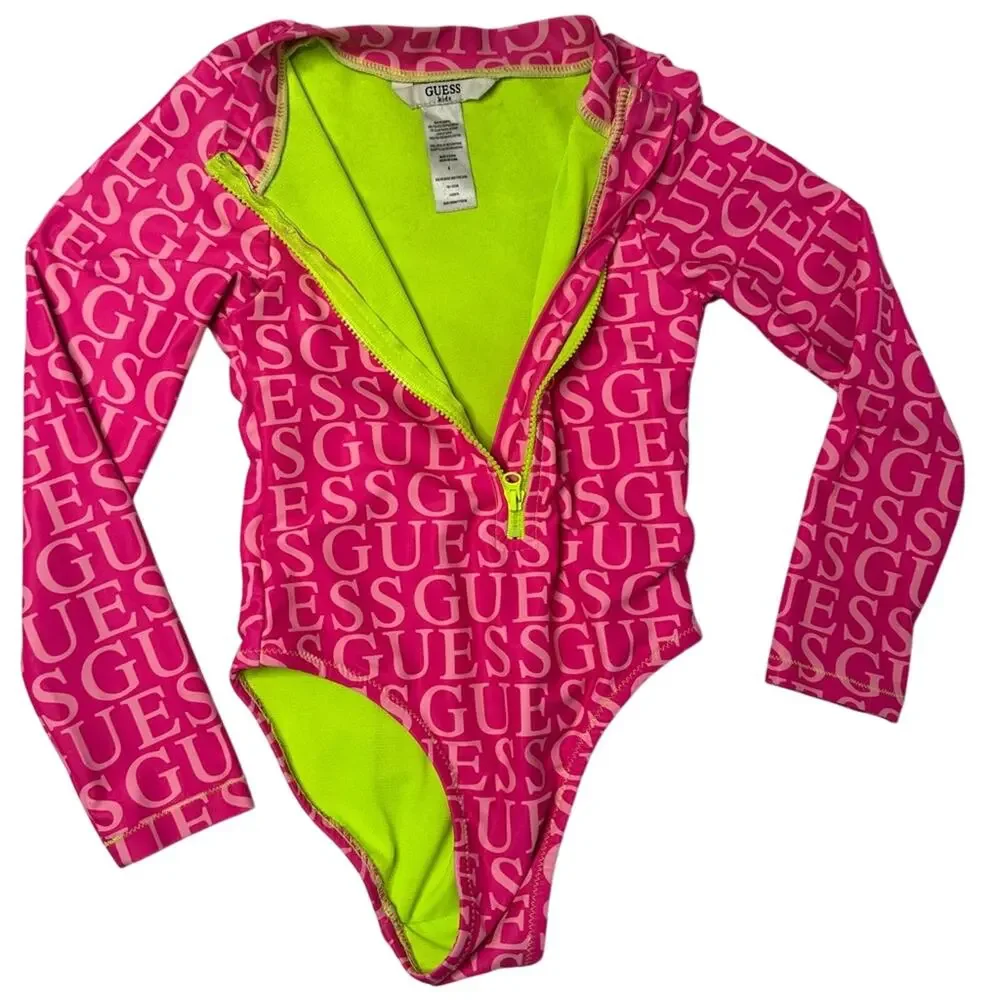 Guess Kids Hot Pink Logo Rashguard Swimsuit Neon Zip One Piece Size 4